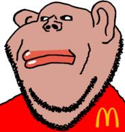 amerimutt black_sclera clothes ear lips mcdonalds mutt neutral red_shirt soyjak stubble subvariant:impish_amerimutt tan_skin variant:impish_soyak_ears // 598x628 // 19.0KB