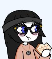 animated anime avengers beanie blue_eyes closed_mouth clothes eyelashes female glasses hair holding_object luluco redraw space_patrol_luluco toast variant:soytan // 358x408 // 33.9KB