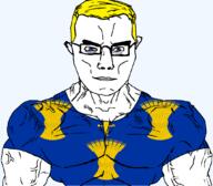 arm blue_eyes british buff cheshire closed_mouth clothes ear england flag flag:cheshire glasses hair soyjak subvariant:chudjak_front subvariant:muscular_chud sword trend:aryan tshirt united_kingdom variant:chudjak vein wheat yellow_hair // 1059x929 // 203.4KB