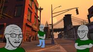 3soyjaks blue_pants bridge city dusk gang glasses green_shirt grey_skin looking_at_you looking_to_the_right scared smug spammer street streetlamp stubble subvariant:soyak_(concerned) subvariant:soyak_(smug) that_one_fucking_picture_of_nate_being_a_smug_little_bastard variant:soyak // 1280x720 // 1.2MB
