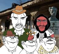 5soyjaks angry arm beard cigarette closed_mouth clothes cross ear fist glasses goatee hair hand hat holding_object irl_background mustache punisher_face red_skin romania smile soyjak stubble subvariant:chudjak_front subvariant:science_lover variant:chudjak variant:impish_soyak_ears variant:markiplier_soyjak white_hair // 1152x1060 // 961.3KB