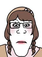 bow braids brown_hair closed_mouth clothes female glasses hat looking_at_you makeup neutral subvariant:neutralkei subvariant:neutralplier variant:markiplier_soyjak // 600x800 // 122.4KB