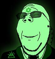 central_intelligence_agency clothes earpiece glasses glowing glownigger green green_skin illuminati judaism necktie smile soyjak star_of_david stubble subvariant:wholesome_soyjak suit sunglasses trend:glowie variant:gapejak wink // 745x800 // 54.3KB
