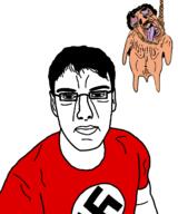 2soyjaks buff chud clothes ear full_body glasses hanged naked nazi_flag nazism open_mouth rope shitskin strong swastika t-shirt tongue tshirt // 1080x1292 // 180.1KB