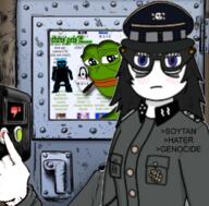 amphibian anti_anti_soytan artist:curtsibling avengers belt belt_buckle blue_eyes blush blushing frog gas gas_chamber girl glasses hair nas:pepe nazism pepe_the_frog pocket schutzstaffel soy soybooru soylent soytan_hater_genocide swastika totenkopf uniform variant:soytan white_skin woman // 1800x1772 // 2.7MB