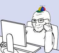arm chair closed_mouth clothes computer glasses hand hat propeller_hat screen smug soyjak stubble table variant:soyak // 441x396 // 95.7KB