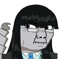 artist:Rhubarb_15 blue_eyes blue_tie closed_mouth eyebrows_up eyelashes female glasses gray_skin hair long_hair smoking soyjak stinger stitched_mouth variant:chudjak // 1280x1280 // 385.6KB