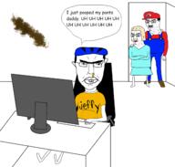 3soyjaks angry arm bicycle_helmet closed_mouth clothes computer ear full_body glasses hair helmet jeffy mario neet pencil poop sml soyjak speech_bubble subvariant:chudjak_front supermariologan text variant:chudjak yellow_hair // 2250x2144 // 513.4KB