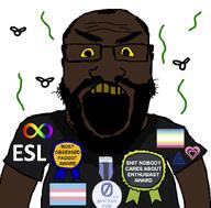 autism award awards badge beard black_shirt black_skin boylover_symbol brown_skin clothes esl flag:minor_attracted_person flag:transgender_pride_flag flies girllover_symbol map_(pedophile) most_obsessed_faggot_award neutralplier_award nigger pedophile rotten_teeth shitnobodycaresabout shitskin snca_award stink_lines stinky subvariant:science_lover sweating text tranny trend:slopjak variant:markiplier_soyjak white_background yellow_sclera yellow_teeth // 800x789 // 37.0KB