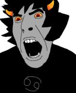 angry clothes grey_skin hair homestuck horn karkat_vantas open_mouth red_eyes soyjak troll_(homestuck) variant:cobson yellow_sclera zodiac // 598x728 // 38.3KB