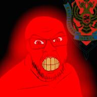 angry clenched_teeth cyrillic_text fsb glasses glowing looking_at_you mustache red_eyes red_skin russia soyjak stubble trend:glowie variant:feraljak yellow_teeth // 1000x1000 // 309.8KB