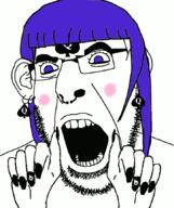 angry animated anime bbc bernkastel ear facial_mark forehead_mark glasses hair hand nose_piercing nose_ring open_mouth painted_nails purple_hair queen_of_spades soyjak stubble subvariant:slutson tbp umineko variant:cobson video_game // 723x861 // 110.8KB