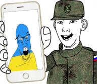 2soyjaks arm camouflage cap clothes ear emr_pattern flag flag:russia flag:ukraine glasses hand hat holding_object kuz military mustache open_mouth phone russia russo_ukrainian_war smile soyjak star stubble ukraine variant:feraljak variant:kuzjak // 680x593 // 415.1KB