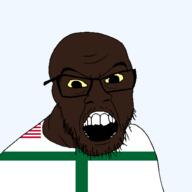 black_skin clothes county flag flag:liberia flag:sinoe_county glasses hair liberia liberian mustache open_mouth sinoe_county small_eyes soyjak stubble transparent transparent_background variant:feraljak yellow_sclera // 1500x1500 // 39.5KB