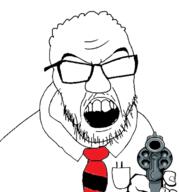 angry clothes dilbert firearm glasses gun hair holding_gun holding_object holding_revolver necktie no_eyes open_mouth revolver soyjak stubble variant:feraljak weapon white_background // 692x742 // 147.4KB
