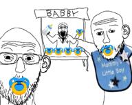 3soyjaks arm baby bib caca clothes doctor dr_sprokeberg glasses hand holding_object milk_bottle open_mouth pacifier pointing soyjak stand stubble text variant:markiplier_soyjak variant:two_pointing_soyjaks // 1360x1076 // 381.9KB