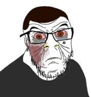 angry bloodshot_eyes brown_eyes brown_hair closed_mouth dubstep ear earring eyebags frown glasses grey_shirt mucus soyjak stubble tired trampa variant:feraljak yellow_teeth // 840x900 // 293.6KB