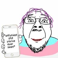 flag flag:transgender_pride_flag glasses iphone mustache phone purple_hair smile soyjak stubble text troon unfunny variant:bernd // 702x702 // 73.3KB
