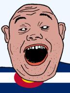 amerimutt black_sclera clothes colorado ear flag flag:colorado hair mcdonalds open_mouth red_shirt soyjak state stubble teeth transparent_background united_states variant:alicia // 418x555 // 16.5KB