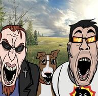 3soyjaks angry animal artist:hoatesfroel beard brown_hair clothes courage_the_cowardly_dog dog ear glasses hair meta:tagme open_mouth postal postal_dude serious_sam sunglasses tan_skin teeth variant:angry_soyjak variant:bernd variant:dogjak white_skin // 961x940 // 150.8KB