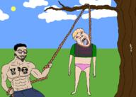 2soyjaks Ruby_FPE Swede_(SchlogcuckShemmycuck) arm artist:XXX_SKIBIDISIGMA_XXX belly_button bloodshot_eyes buff closed_mouth clothes crying drawn_background ear faggot full_body glasses grass hand hanging holding_object holding_rope leg lynching mustache noose open_mouth outdoors panties rope shemmy shemmycuck smile smug soygem_party soyjak soyjak_blog tattoo tongue tranny tree underpants variant:bernd variant:chudjak xxx_yakubsgraftingdescendant_xxx yellow_teeth // 2100x1500 // 100.4KB