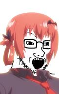 anime clothes female gabriel_dropout glasses hair necktie open_mouth red_hair satania soyjak stubble variant:soyak // 674x1072 // 381.0KB