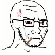 anger_mark bloodshot_eyes concerned frown glasses smoking soyjak stubble variant:soyak weed // 378x378 // 85.3KB