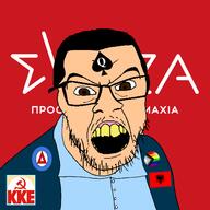 albania alexis_tsipras angry bbc blacked clothes country flag flag:albania flag:progress_pride_flag gay glasses greece hair open_mouth politics socialism soyjak spade stubble syriza text tranny variant:feraljak yellow_teeth // 1500x1500 // 138.0KB