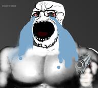 bloodshot_eyes crying distorted firearm gigachad glasses gun hand holding_gun holding_object holding_pistol large_mouth open_mouth pistol sleek_n_tears soyjak stubble variant:soyak weapon // 441x400 // 141.9KB