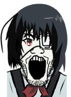 anime another_(anime) bowtie clothes eyepatch female glasses hair misaki_mei open_mouth red_eyes soyjak stubble variant:markiplier_soyjak // 710x976 // 29.7KB