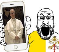 apple_(company) arm catholic christian_cross christianity crucifix flag flag:vatican_city glasses hair hand holding_object holding_phone iphone jesus key open_mouth papal_tiara phone pope pope_leo_xiv soyjak stubble subvariant:phoneplier subvariant:phoneplier_vertical teeth template variant:markiplier_soyjak vatican // 2160x1884 // 3.3MB