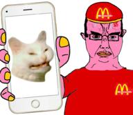 anger_mark angry animal arm bloodshot_eyes cat clothes crying glasses hand hat holding_object holding_phone iphone kot logo mcdonalds phone pink_skin soyjak subvariant:chudjak_front tshirt variant:chudjak vein yellow_teeth // 1000x872 // 496.2KB