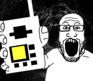 arm cave glasses hand holding_object open_mouth soyjak stubble undertale variant:markiplier_soyjak video_game // 680x593 // 203.1KB