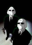 2soyjaks arm central_intelligence_agency closed_mouth clothes dog firearm glasses glowing grin gun hand holding_gun holding_object janny men_in_black necktie soyjak stubble suit trend:glowie variant:unknown weapon // 710x1000 // 317.7KB