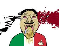 blood bloodshot_eyes bone brain curly_hair eyebrows flag flag:italy garlic glasses gun gunshot hair hand italy murder mustache nose open_mouth soyjak spaghetti stubble teeth tongue variant:bernd violence white_skin // 430x334 // 64.3KB