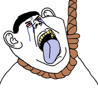 ack anhero bloodshot_eyes crying ear hair hanging noose rope series:chuddified_soyjaks soyjak subvariant:impish_chudjak_ears template tongue transparent_background variant:chudjak variant:impish_soyak_ears yellow_teeth // 900x850 // 55.0KB