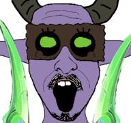 buck_teeth ear eyelashes glasses green_eyes horn mustache open_mouth pointy_ears purple_skin soyjak stubble sword tagme_character_name variant:unknown // 876x822 // 369.2KB