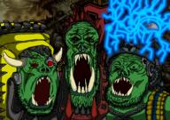 3soyjaks bloodshot_eyes drawn_background fungus green green_skin horn lip_piercing mushroom mustache nose_piercing nose_ring open_mouth orc ork orks psyker sci-fi soyjak space stubble trend:soyjak_trio variant:gapejak variant:markiplier_soyjak variant:tony_soprano_soyjak waaagh waaagh! warhammer weirdboy // 1000x701 // 676.3KB