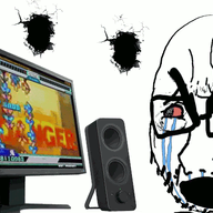 animated bloodshot_eyes computer crying dance_dance_revolution glasses hole open_mouth soyjak stubble text thick_eyebrows variant:cryboy_soyjak video_game wall // 752x401 // 500.1KB