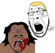 aryan baki brown_skin crying distorted glasses hair no_pupils open_mouth pink_eyes scared stubble tattoo variant:bernd variant:cobson white_skin yellow_hair // 793x774 // 134.8KB