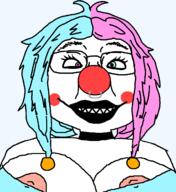artist:giggly_goonclown breasts clothes clown clown_nose colorful_hair giggly_goon_clown glasses goonclown hair heterochromia lipstick makeup mascara nipple nose_piercing nsfw piercing red_nose redraw sharp_teeth smile soyjak tranny tranny_artstyle variant:bernd // 1200x1310 // 103.0KB