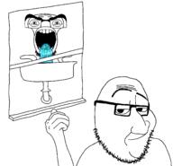 anthropomorphism bald body cobson_face eyebrows faucet fist glasses hand lips nose open_mouth pipe pointing sink soyjak stubble thumb variant:cobson variant:smugjak water window // 1522x1465 // 28.7KB