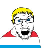 blue_eyes clothes country flag flag:luxembourg glasses hair luxembourg mustache open_mouth soyjak stubble teeth variant:feraljak yellow_hair // 1500x1500 // 30.0KB