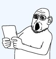 fat glasses holding_object holding_phone man_tits nuvariant oh_my_god_she_is_so_attractive skin soyjak stubble variant:firstjak white // 427x449 // 14.6KB