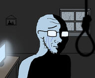 closed_mouth crying dark depressed depression glasses glowing glowing_glasses monitor picture rain rope sad soyjak stubble suicide table variant:soyak window // 1200x987 // 258.8KB