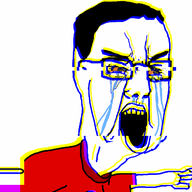 animated arm bloodshot_eyes clothes crying glasses glitch hair hand nazism open_mouth pointing soyjak swastika text tshirt variant:chudjak // 571x640 // 2.5MB