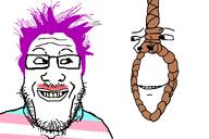 2soyjaks are_you_soying_what_im_soying flag:transgender_pride_flag imminent_suicide looking_at_each_other noose purple_hair raised_eyebrow rope smile suicide tranny variant:gapejak variant:markiplier_soyjak // 1200x800 // 210.7KB