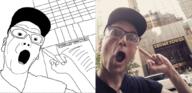 arm building donald_trump ear gaping_mouth glasses hand middle_finger nose soyjak t-shirt trump_tower // 1050x511 // 482.5KB