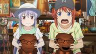 2soyjaks angry anime baseball_cap closed_mouth clothes frown glasses hat long_hair natsumi_koshigaya non_non_biyori open_mouth orange_hair purple_hair renge_miyauchi soyjak stubble variant:feraljak // 1920x1080 // 382.6KB