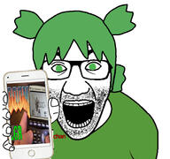 4chan anime doom glasses green_eyes green_hair hair hand holding_object holding_phone iphone open_mouth phone soyjak stubble variant:el_perro_rabioso yotsoyba // 600x562 // 186.3KB